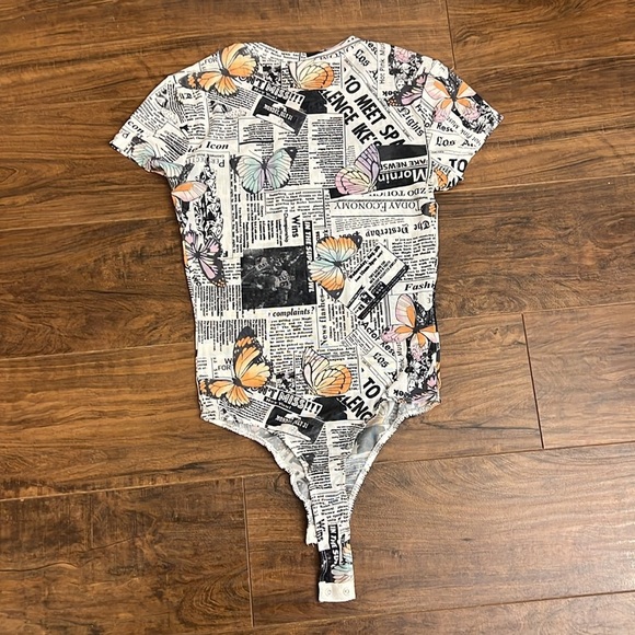 White Black Color Butterfly Newspaper Print Bodysuit by Rue 21, Sz. XS. - Picture 6 of 8